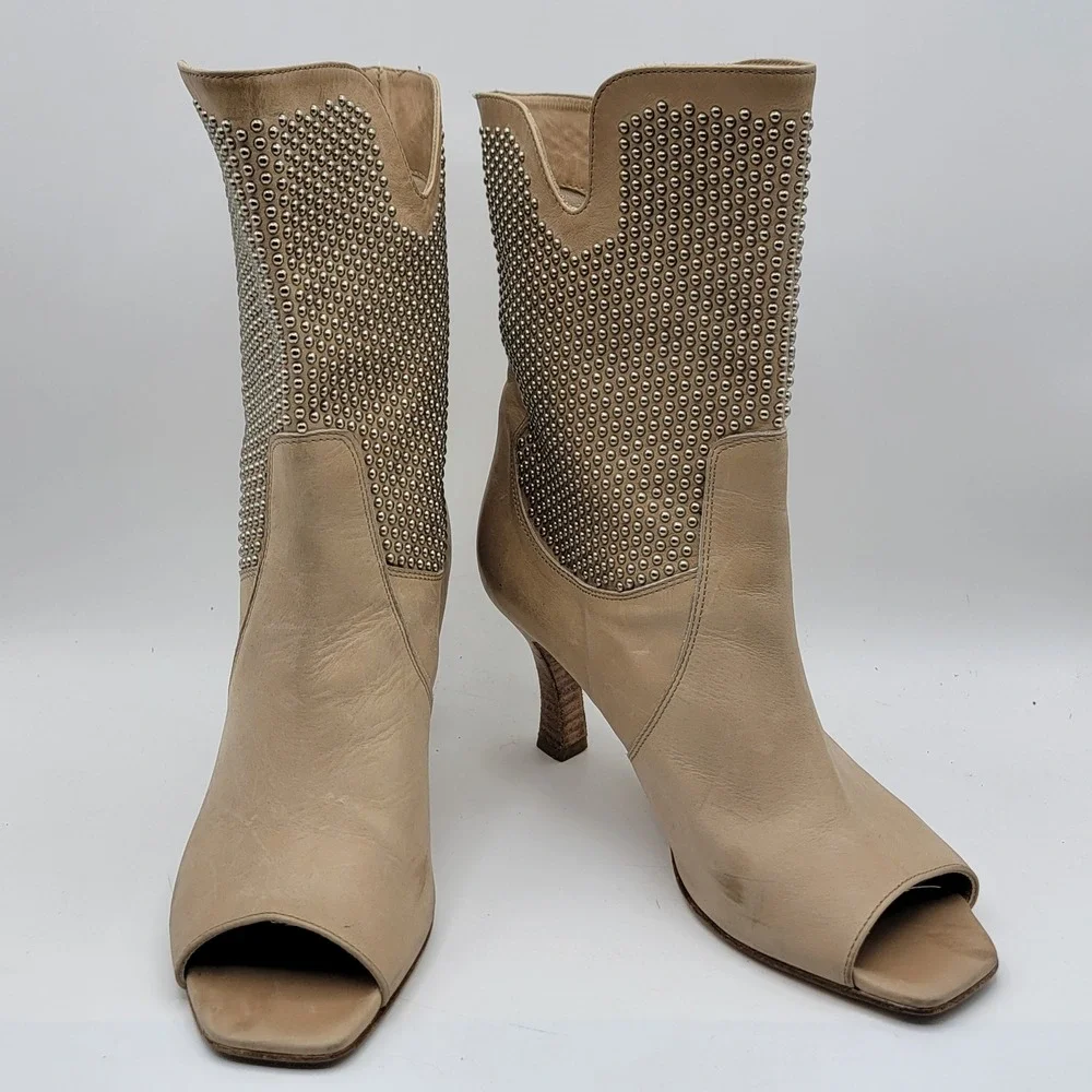 Aquatalia‎ Marvin K Beige Leather Studded Peep Toe Ankle Boots Made in Italy 8